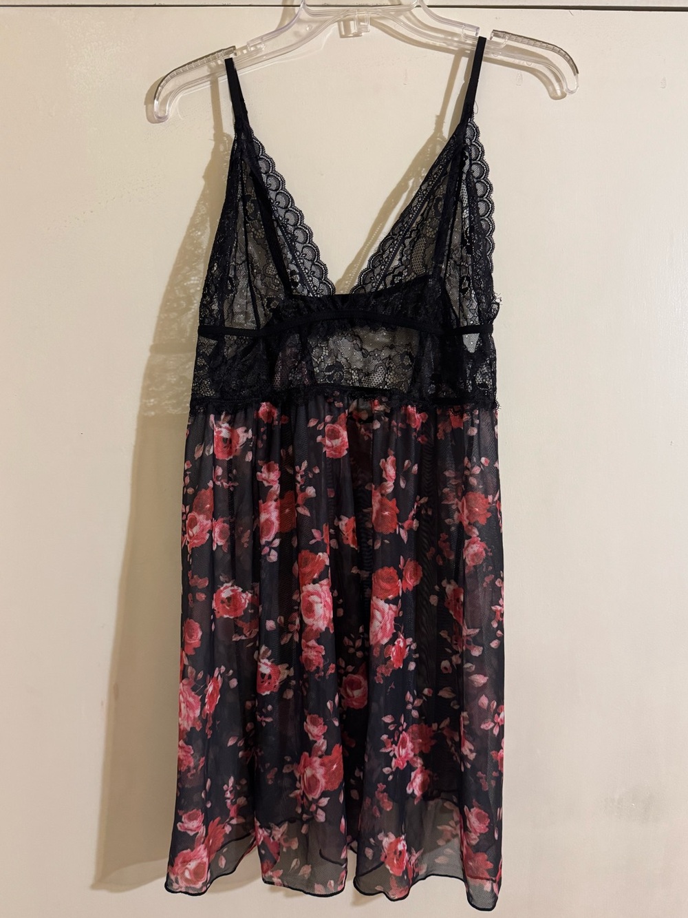 SHEIN Black Floral Lace Chiffon Chemise with Red Rose Print